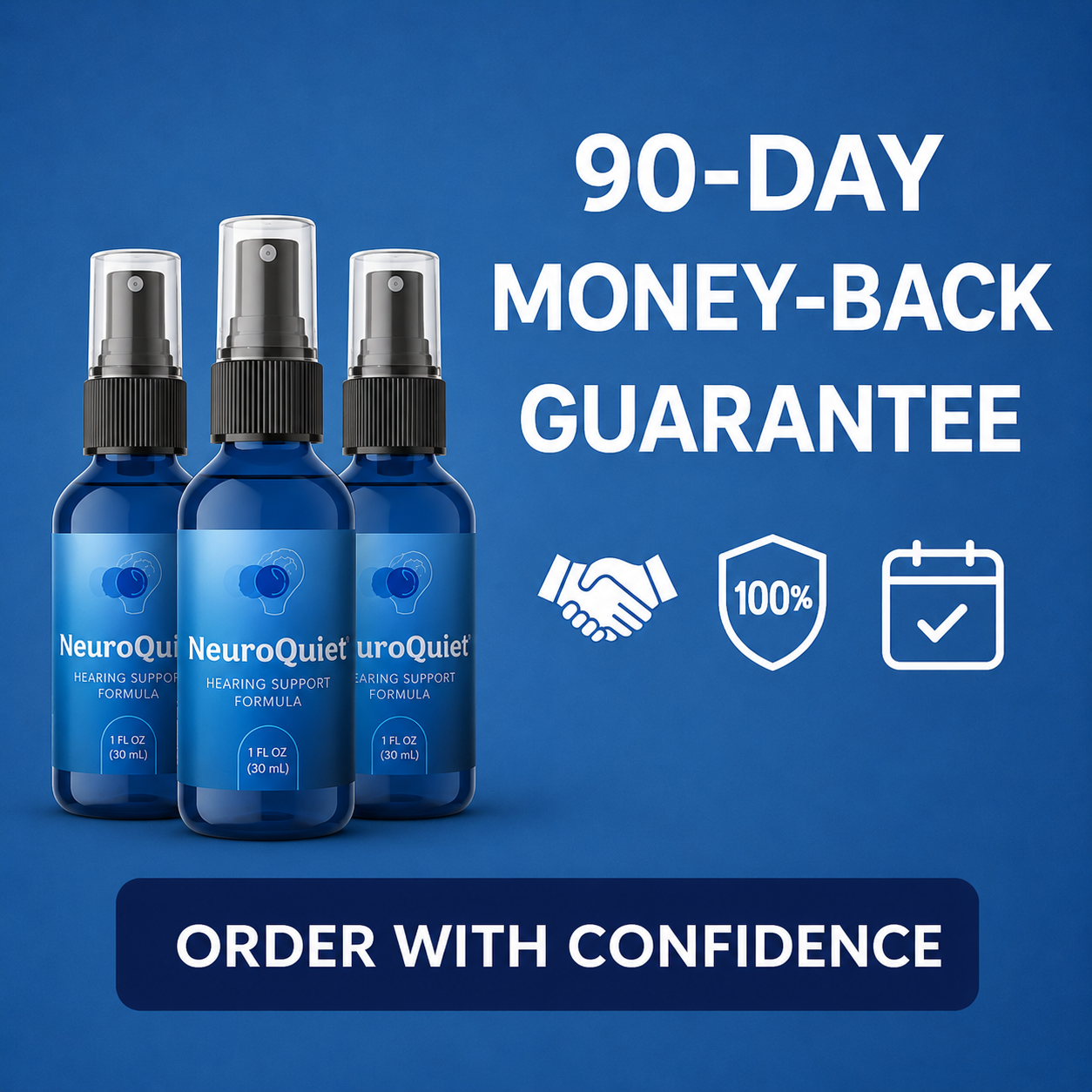 NeuroQuiet 90-day money-back guarantee seal – risk-free purchase
